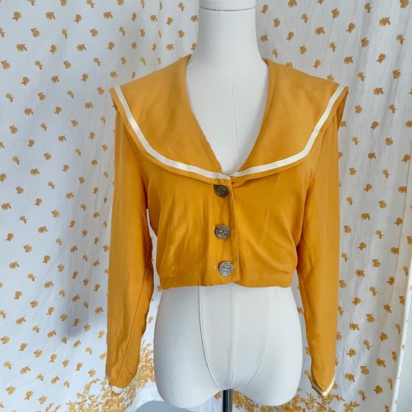 Vintage 1980s Mustard Sailor Blouse – Autumn Cropped Button Up – Autograph - Picture 1 of 7
